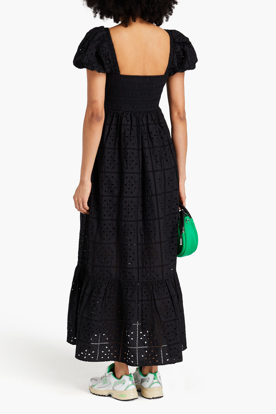 Ganni Shirred Broderie Anglaise Cotton Maxi Dress In Black