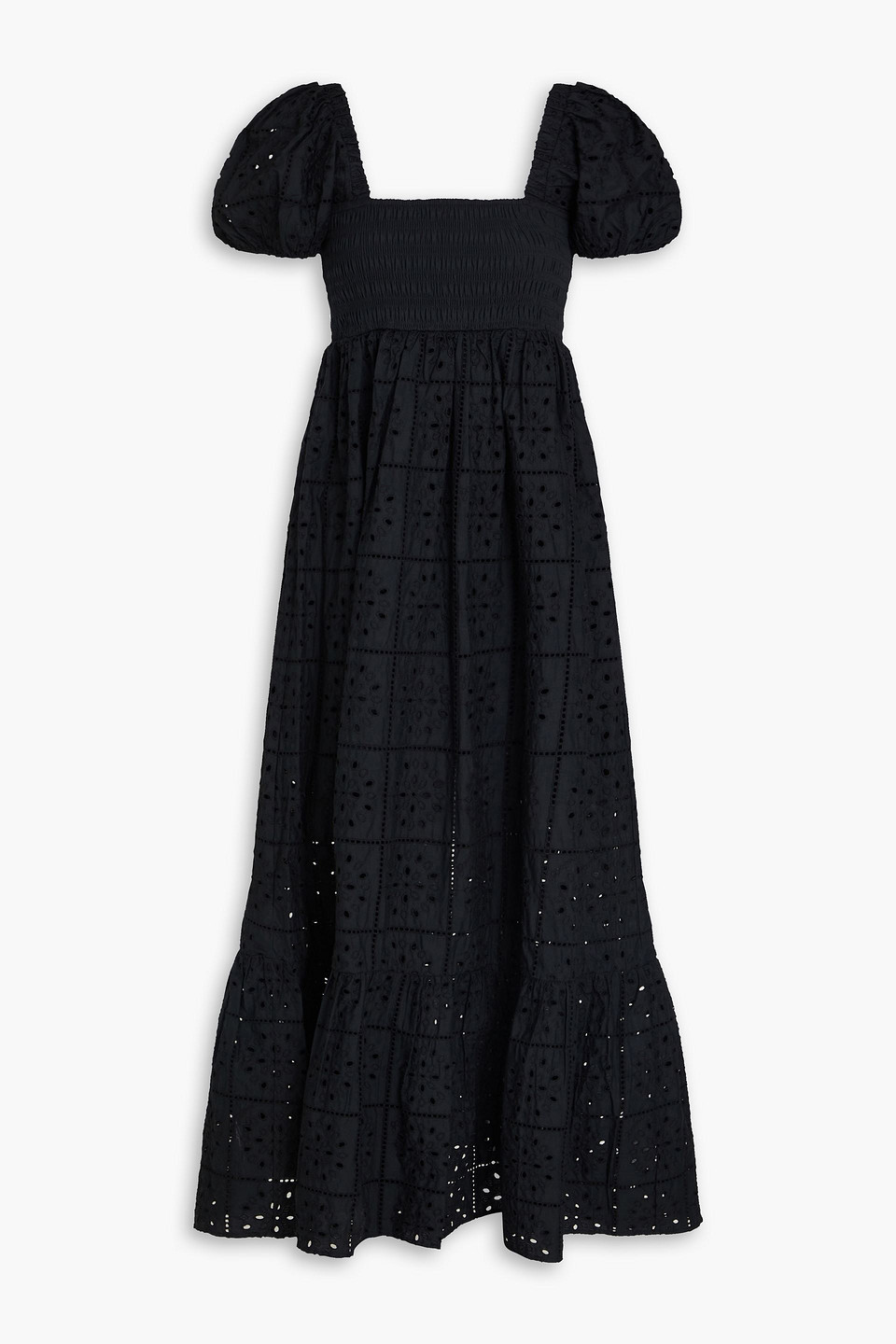 Ganni Shirred Broderie Anglaise Cotton Maxi Dress In Black