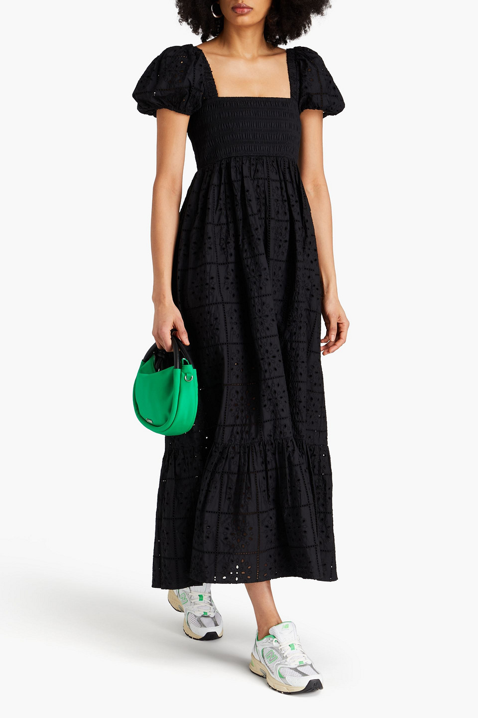 Ganni Shirred Broderie Anglaise Cotton Maxi Dress In Black