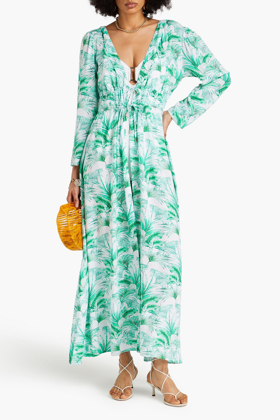 Shop Melissa Odabash Farrah Printed Voile Kaftan In Jade