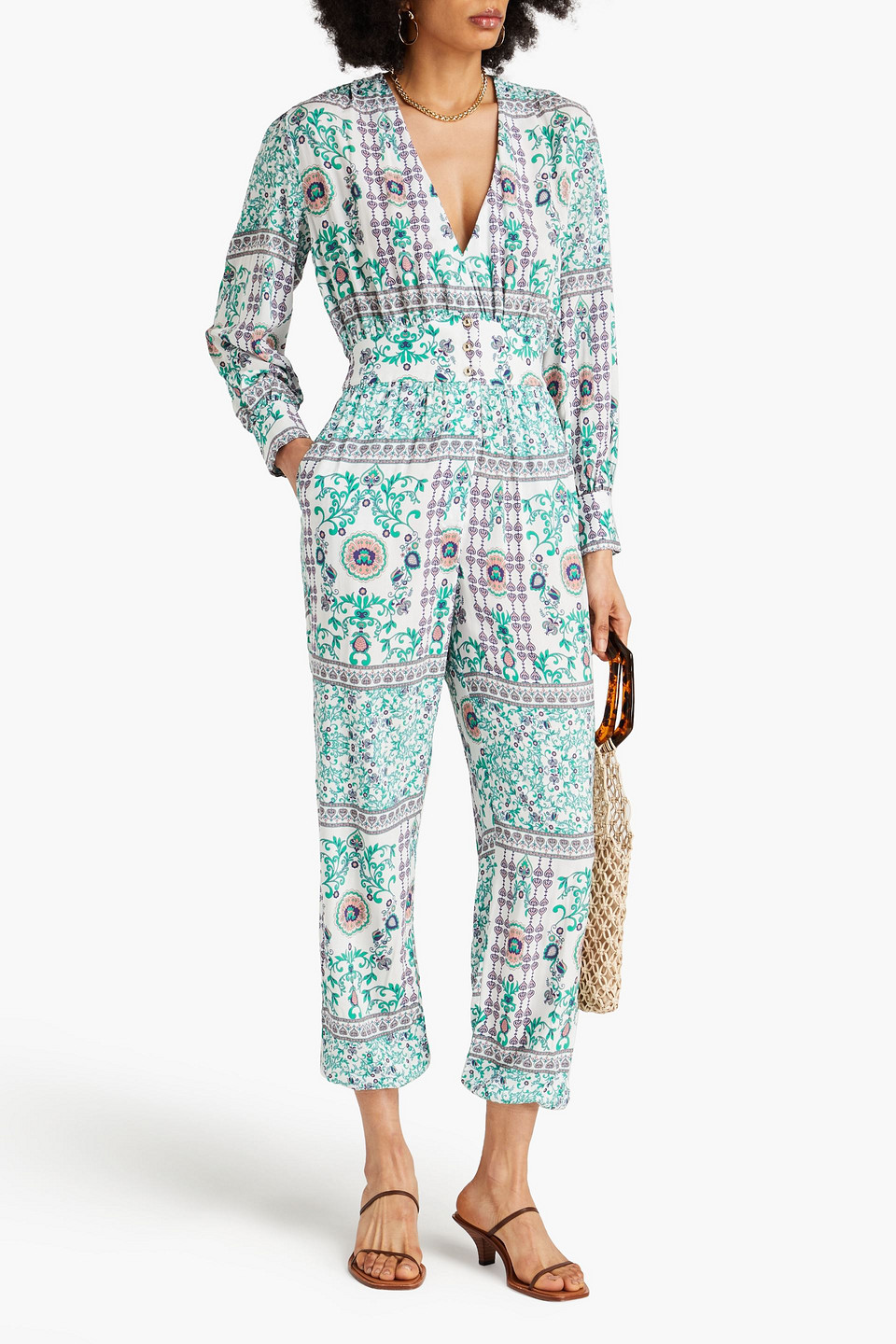 MELISSA ODABASH AYANA GATHERED FLORAL-PRINT MOUSSELINE JUMPSUIT
