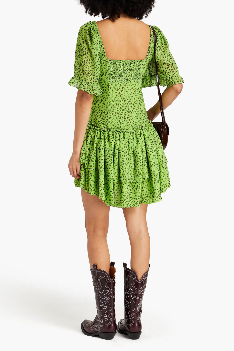 Ganni Tiered Floral-print Voile Mini Dress In Lime Green