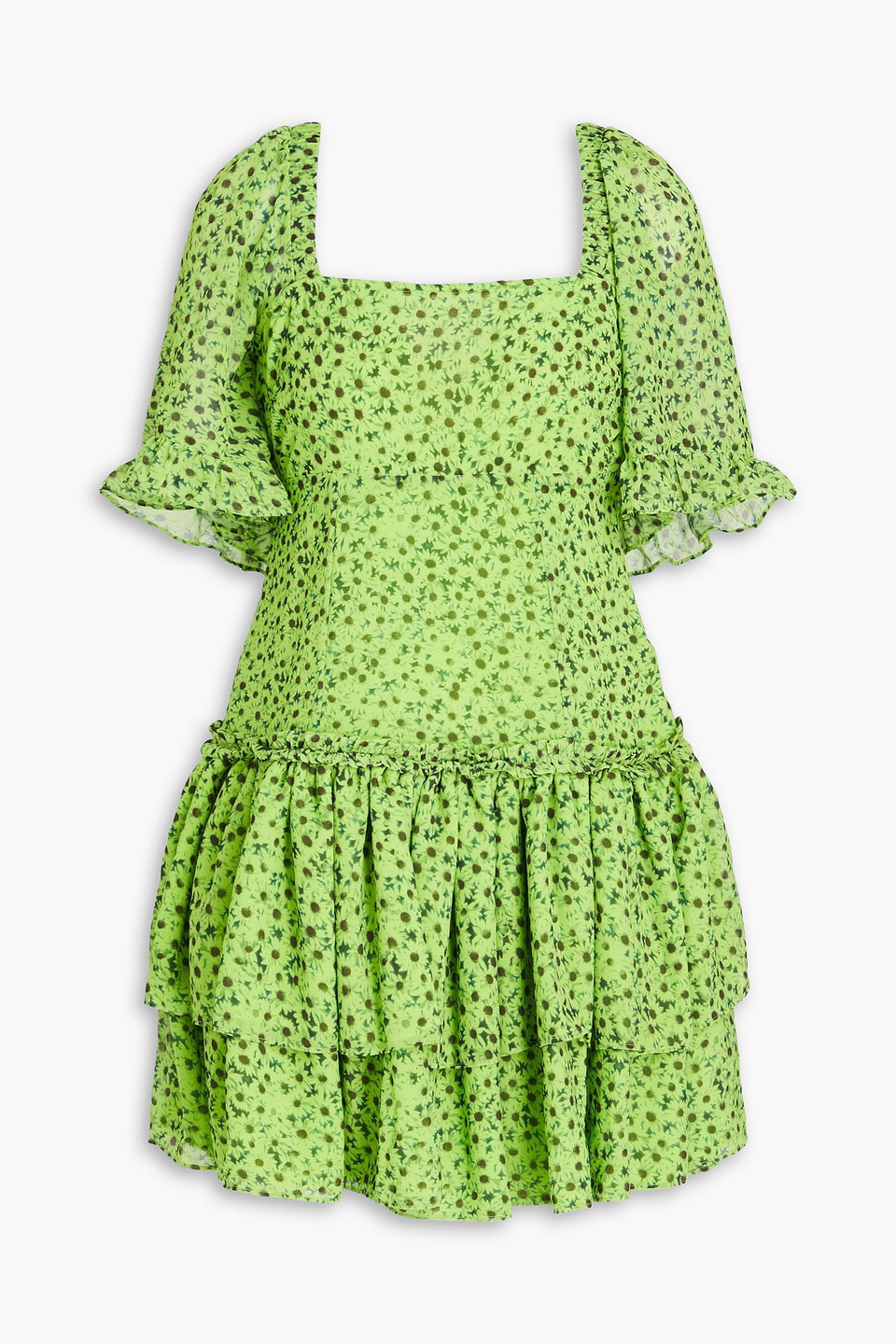 Ganni Tiered Floral-print Voile Mini Dress In Lime Green