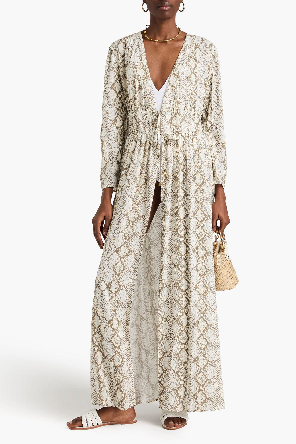 MELISSA ODABASH FARRAH SNAKE-PRINT VOILE KAFTAN 