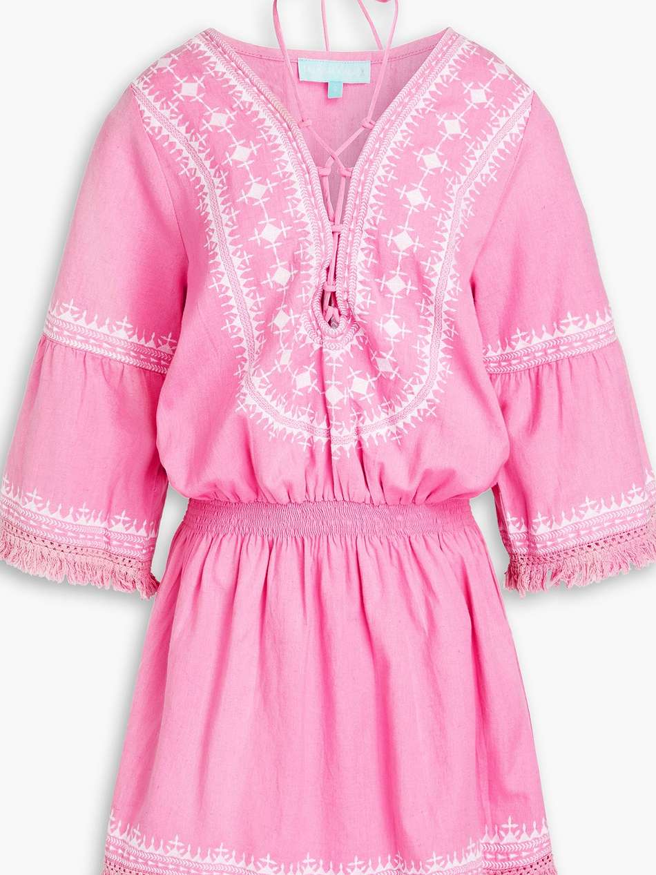 embroidered fringed cotton and linen-blend mini dress