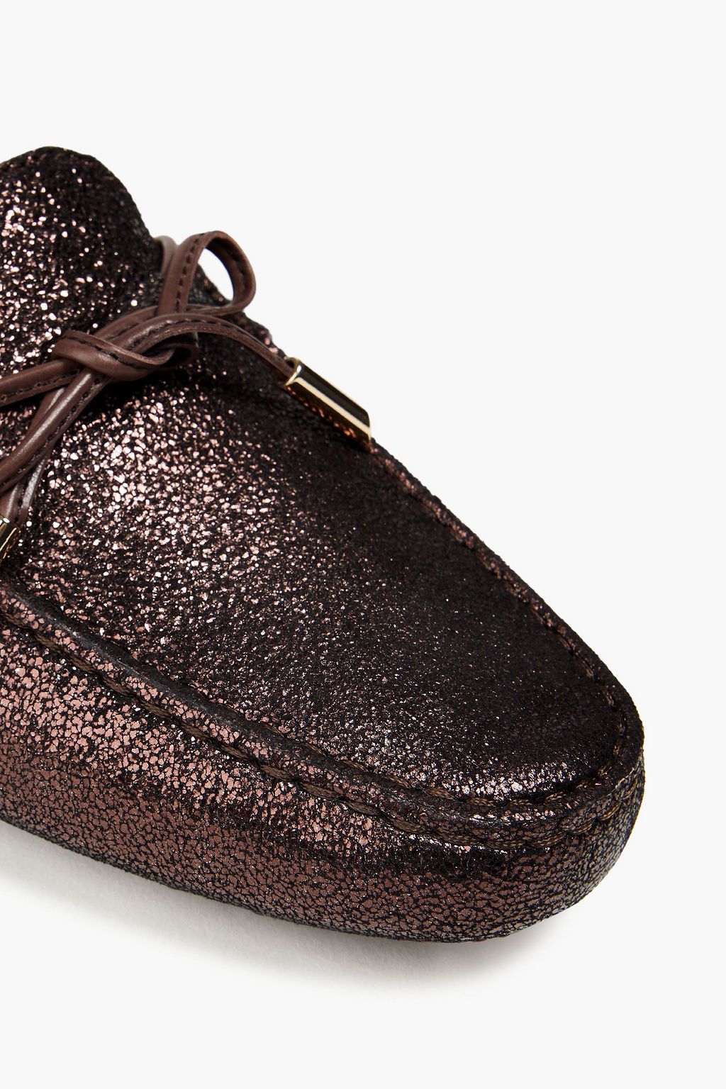TOD'S 보우 디테일 메탈릭 스웨이드 로퍼