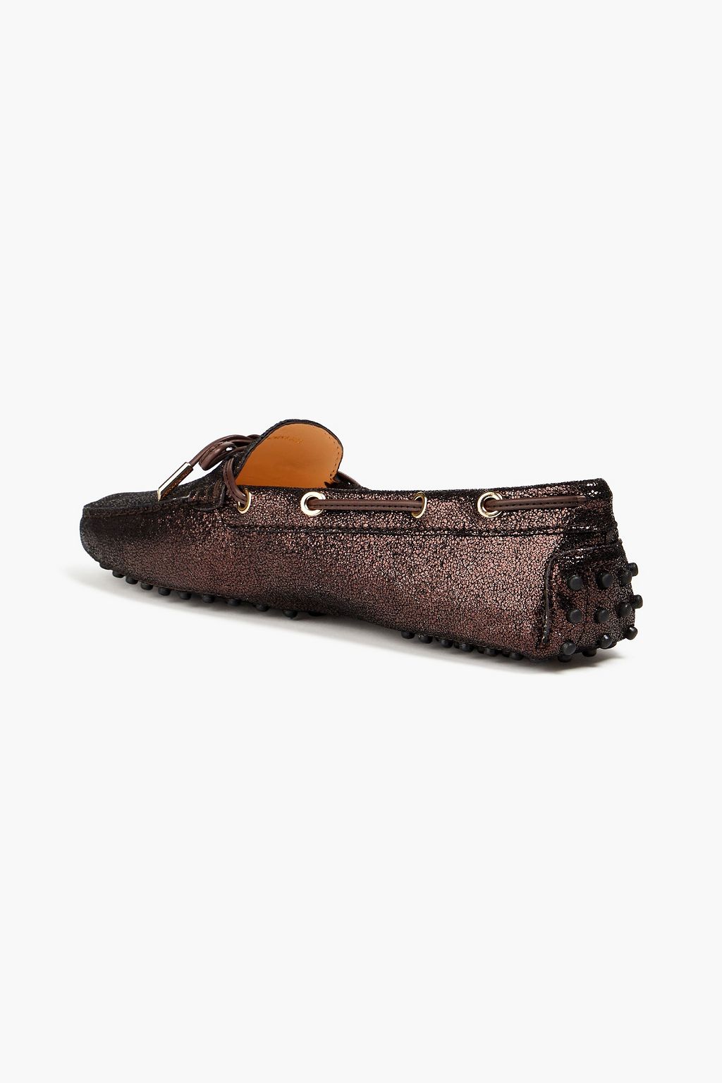 TOD'S 보우 디테일 메탈릭 스웨이드 로퍼