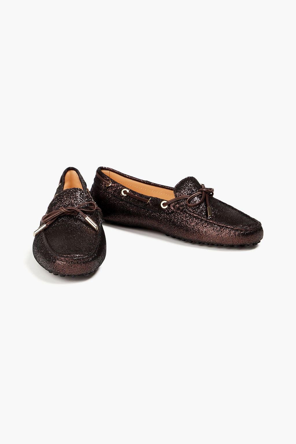 TOD'S 보우 디테일 메탈릭 스웨이드 로퍼