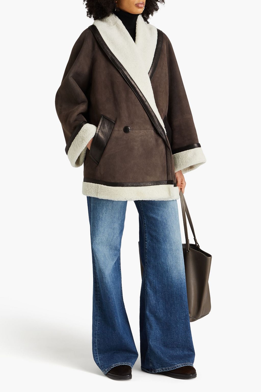 KHAITE Layton leather-trimmed suede coat