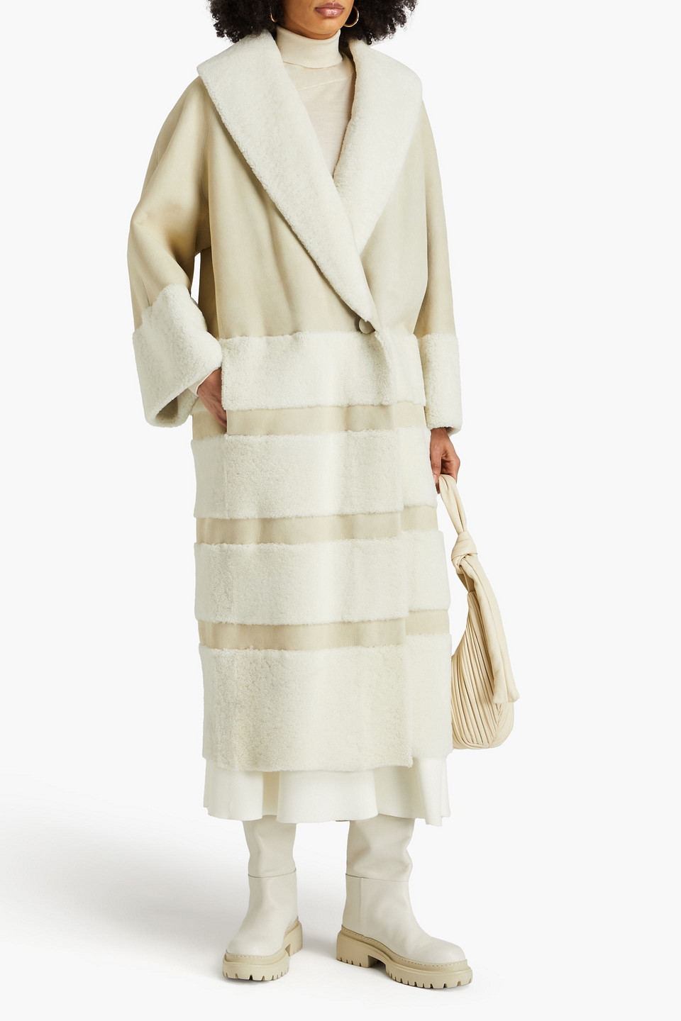 Khaite Pia Shearling-trimmed Suede Coat In Ecru