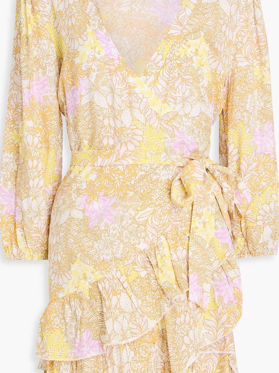 ruffled floral-print mousseline mini wrap dress