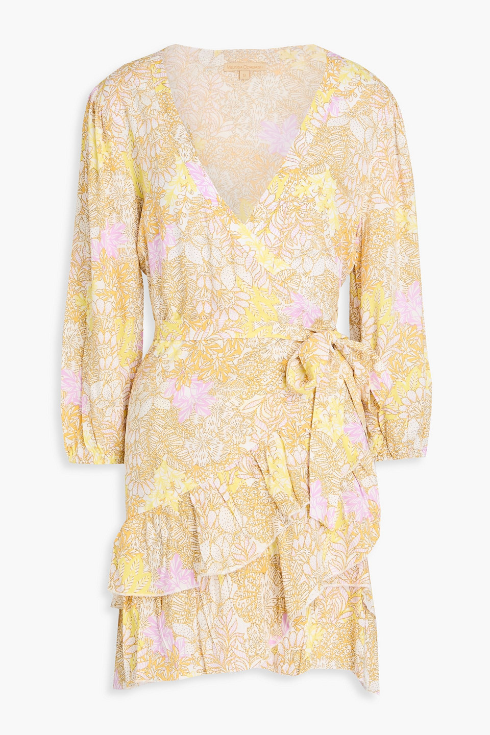 Melissa Odabash Ruffled Floral-print Mousseline Mini Wrap Dress In Yellow