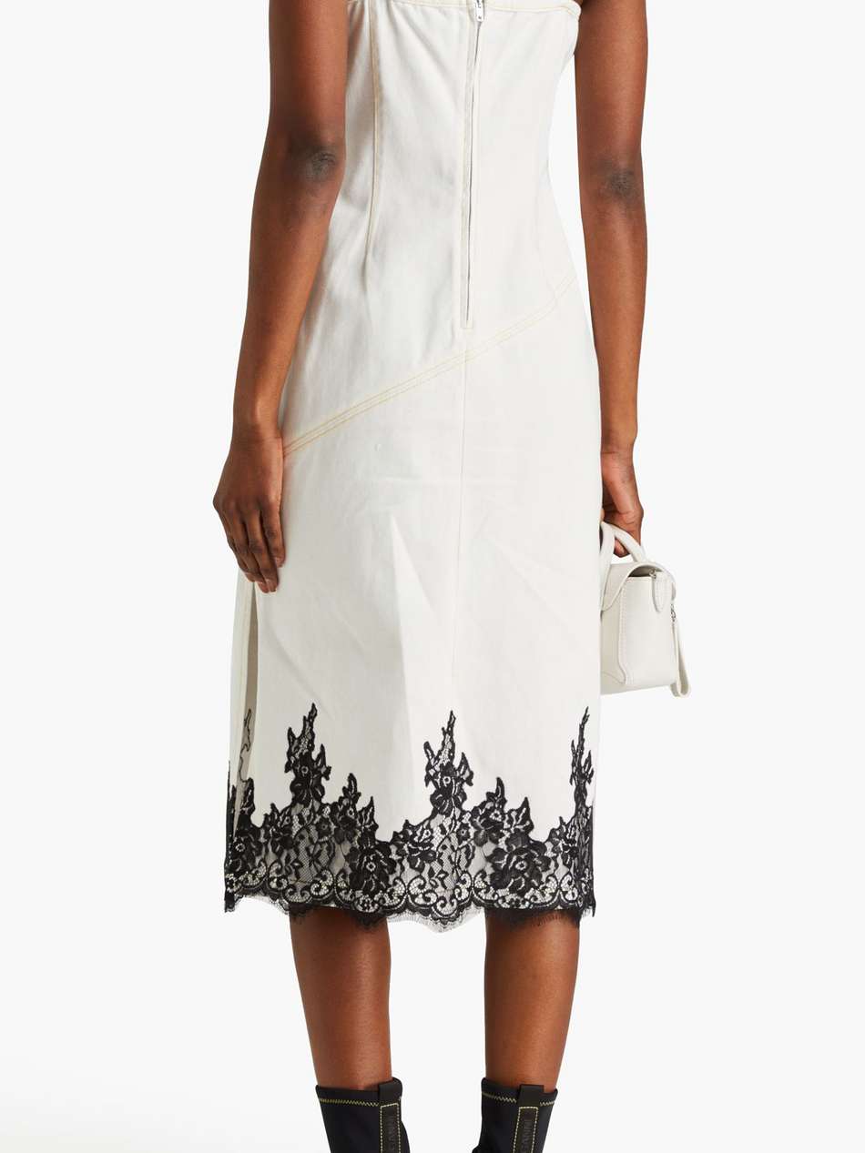 lace-trimmed denim midi dress