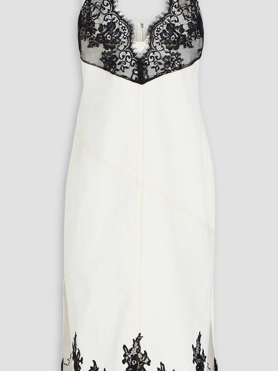 lace-trimmed denim midi dress