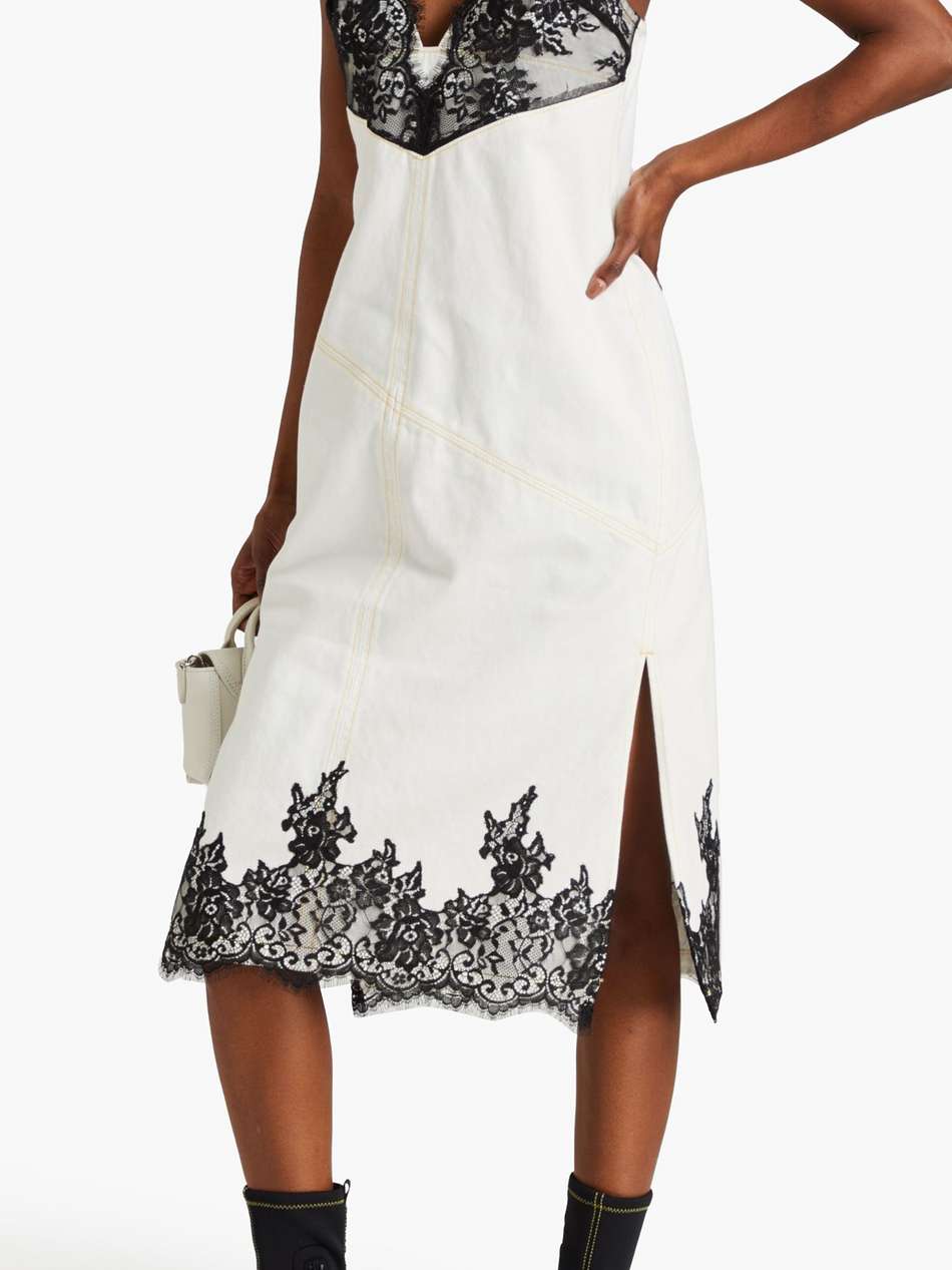 lace-trimmed denim midi dress
