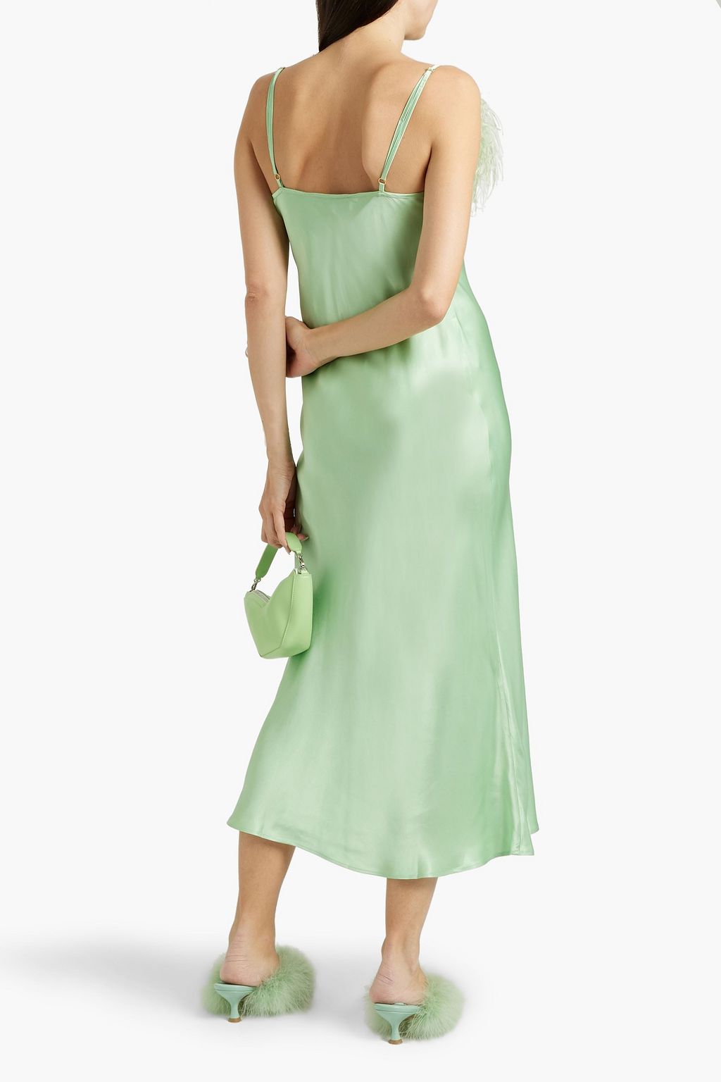 SLEEPER Boheme feather-trimmed satin midi slip dress