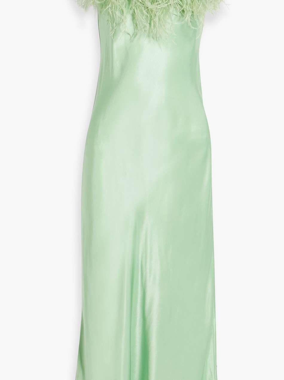 boheme feather-trimmed satin midi slip dress