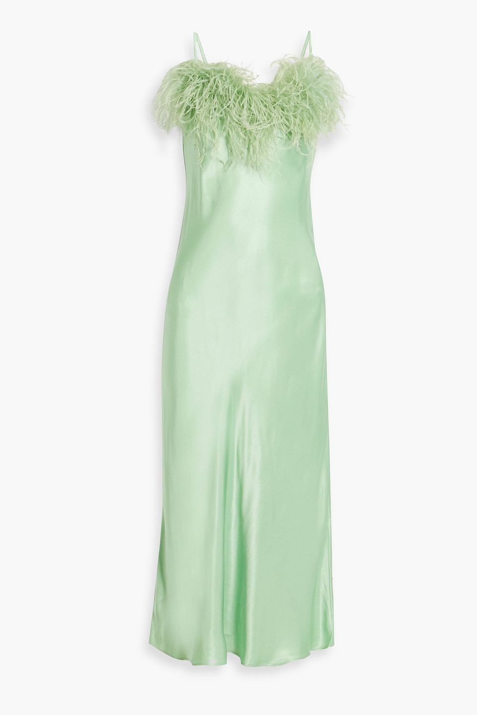 Sleeper Boheme Feather-trimmed Satin Midi Slip Dress In Minzfarben