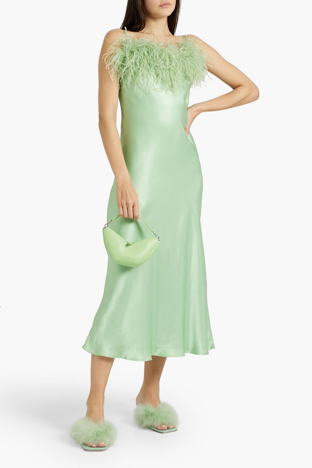 SLEEPER Boheme feather-trimmed satin midi slip dress