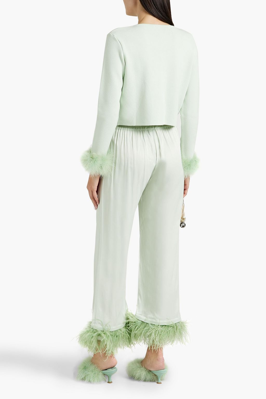 SLEEPER Party feather-trimmed crepe de chine pajama pants