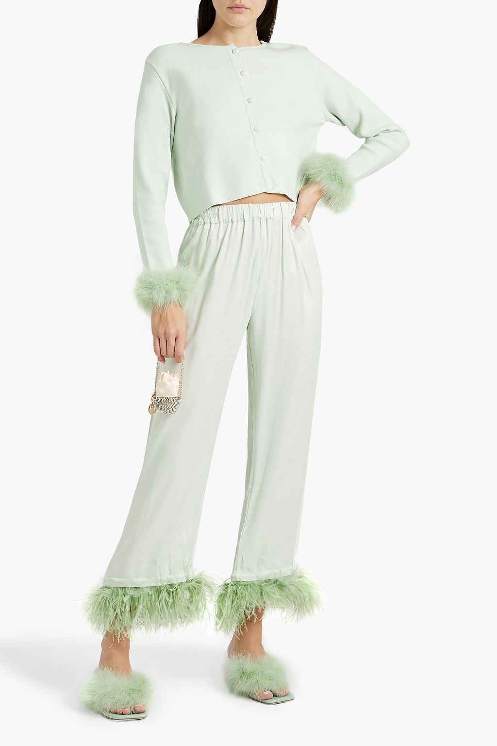 SLEEPER Party feather-trimmed crepe de chine pajama pants