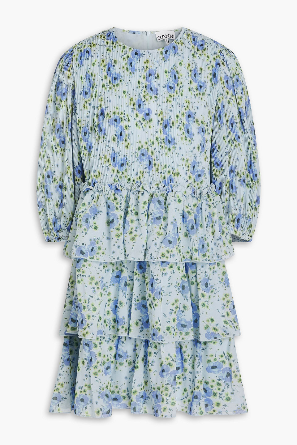 ganni - tiered floral-print georgette mini dress - blue - eu 34