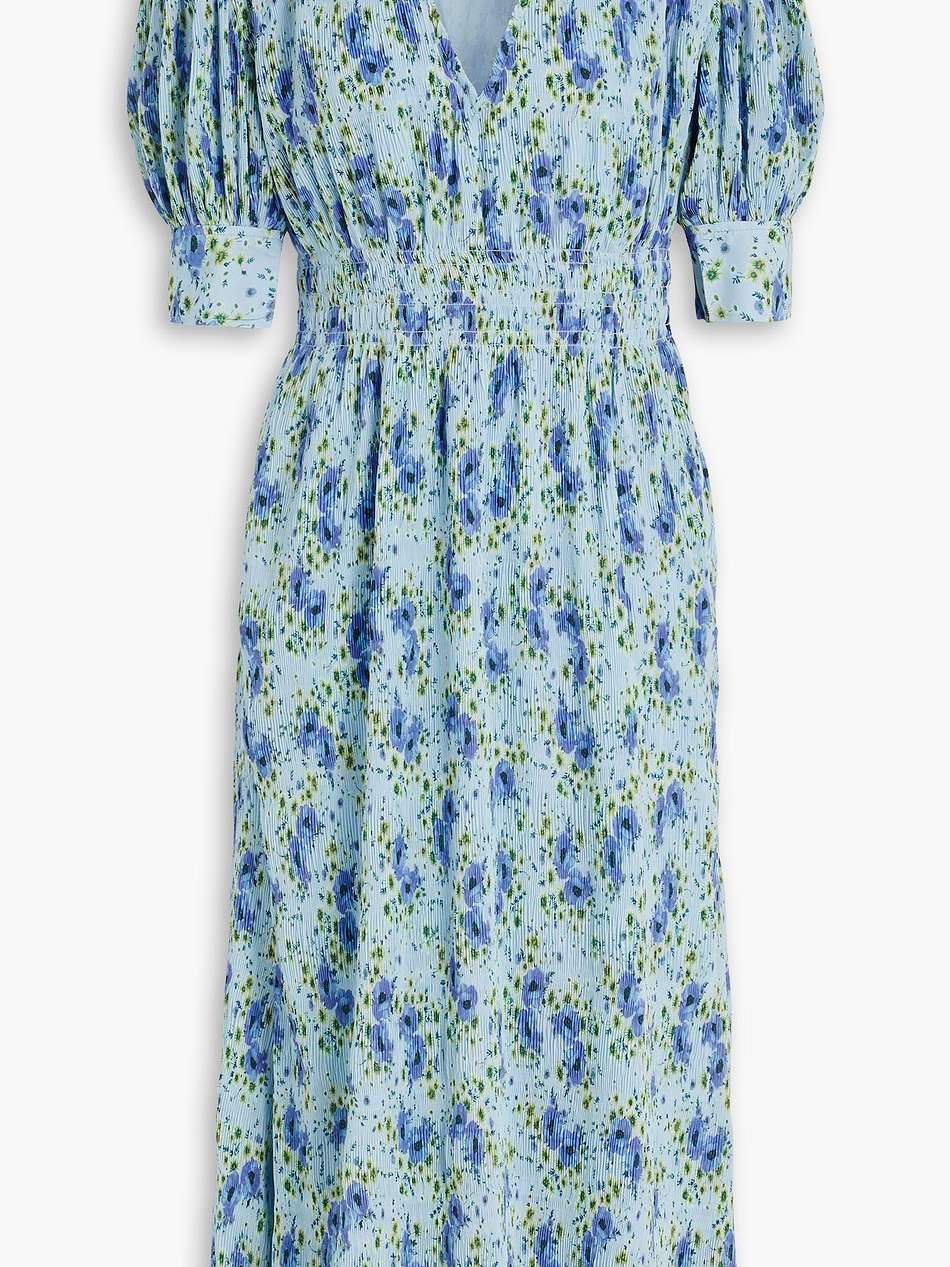 shirred floral-print crepon midi dress