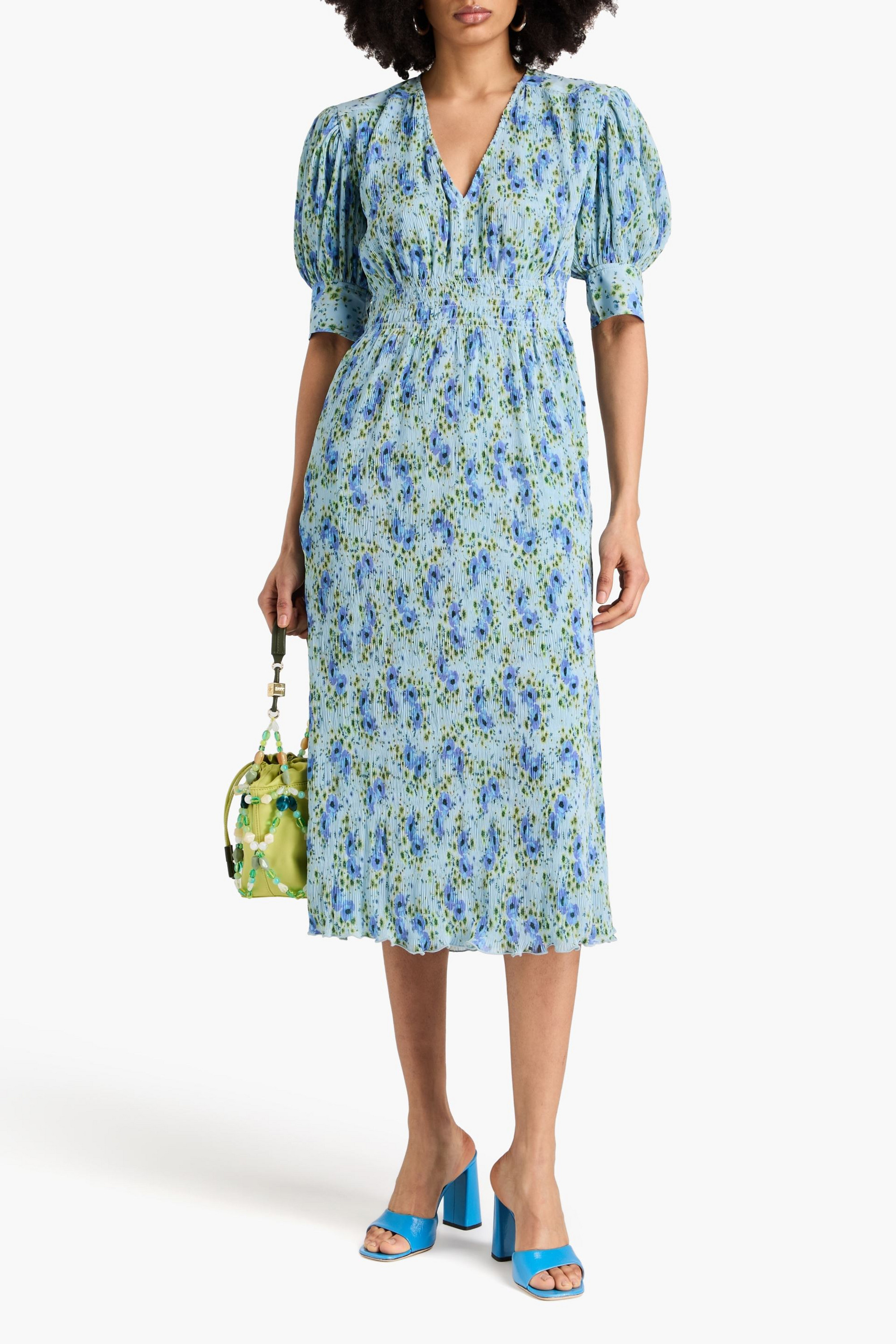GANNI Shirred floral-print crepon midi dress