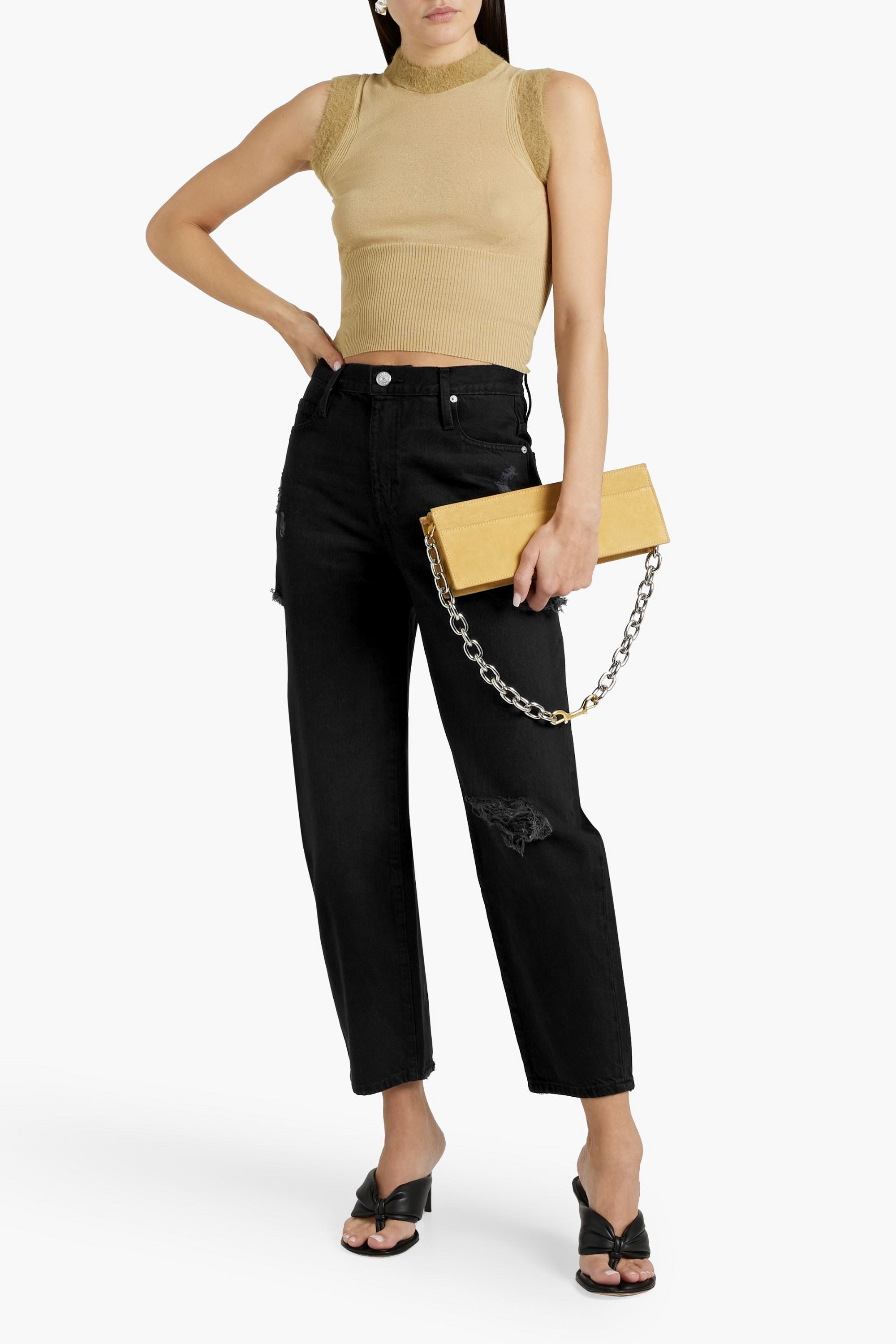 FRAME Distressed high-rise tapered jeans