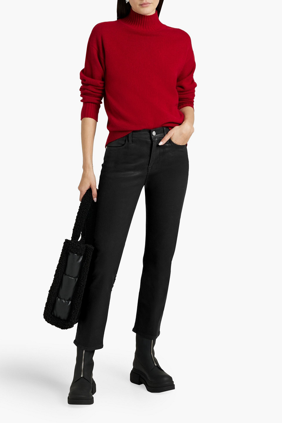 Shop Frame Le High Straight Coated High-rise Straight-leg Jeans In Black