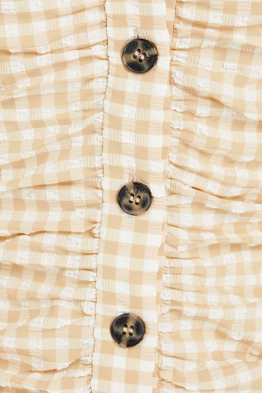 GANNI Ruched gingham seersucker top