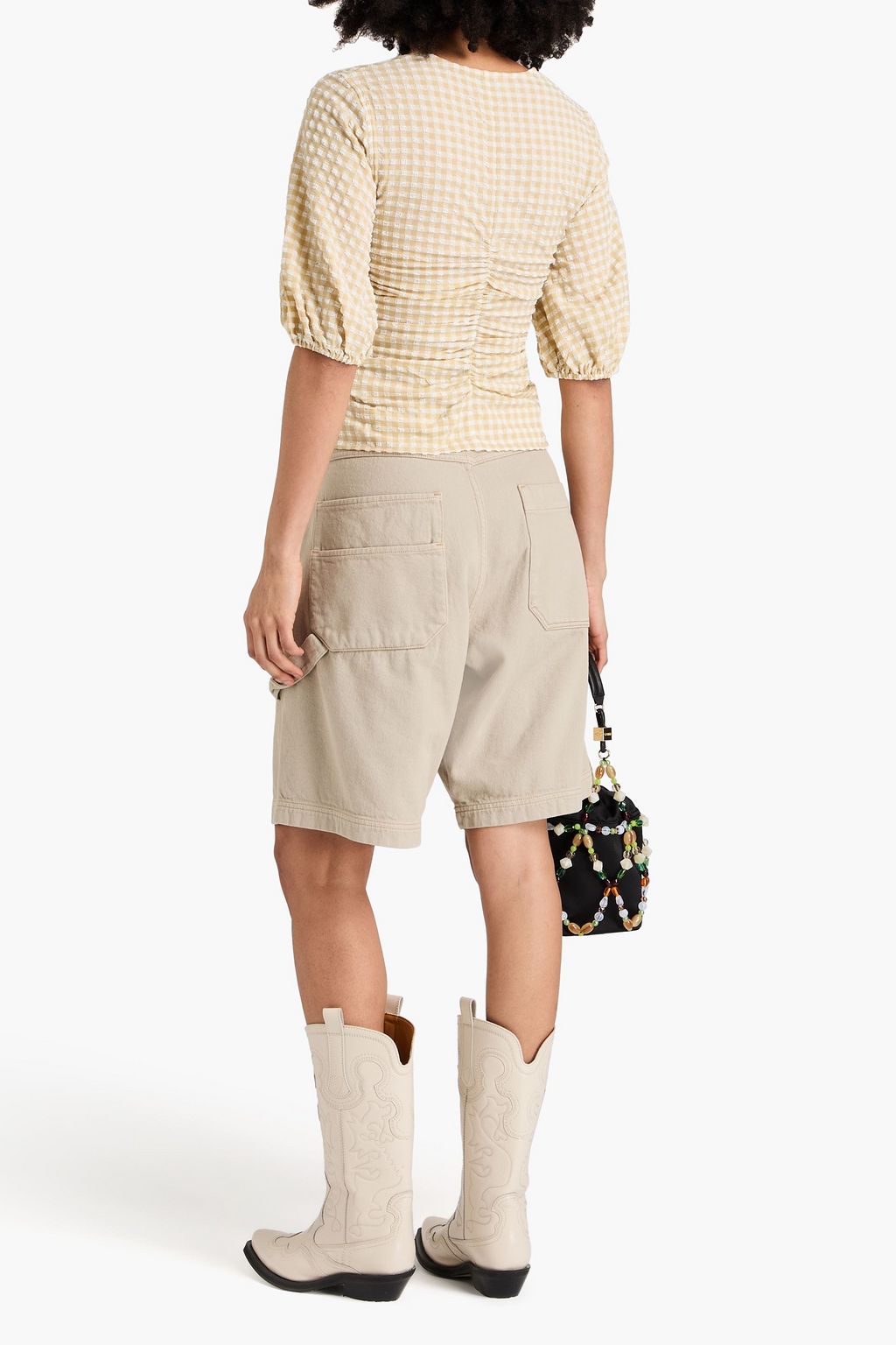 GANNI Ruched gingham seersucker top