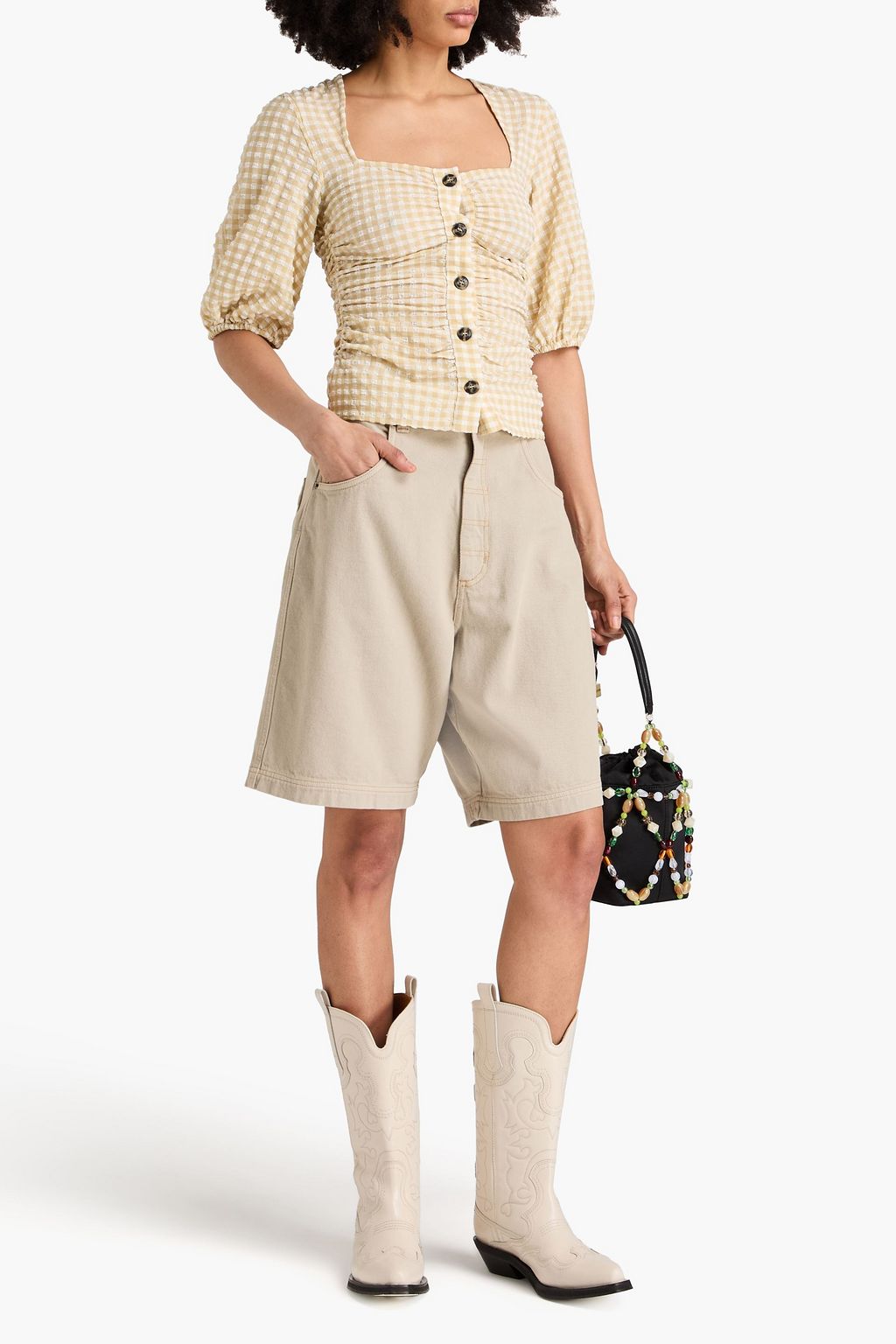 GANNI Ruched gingham seersucker top