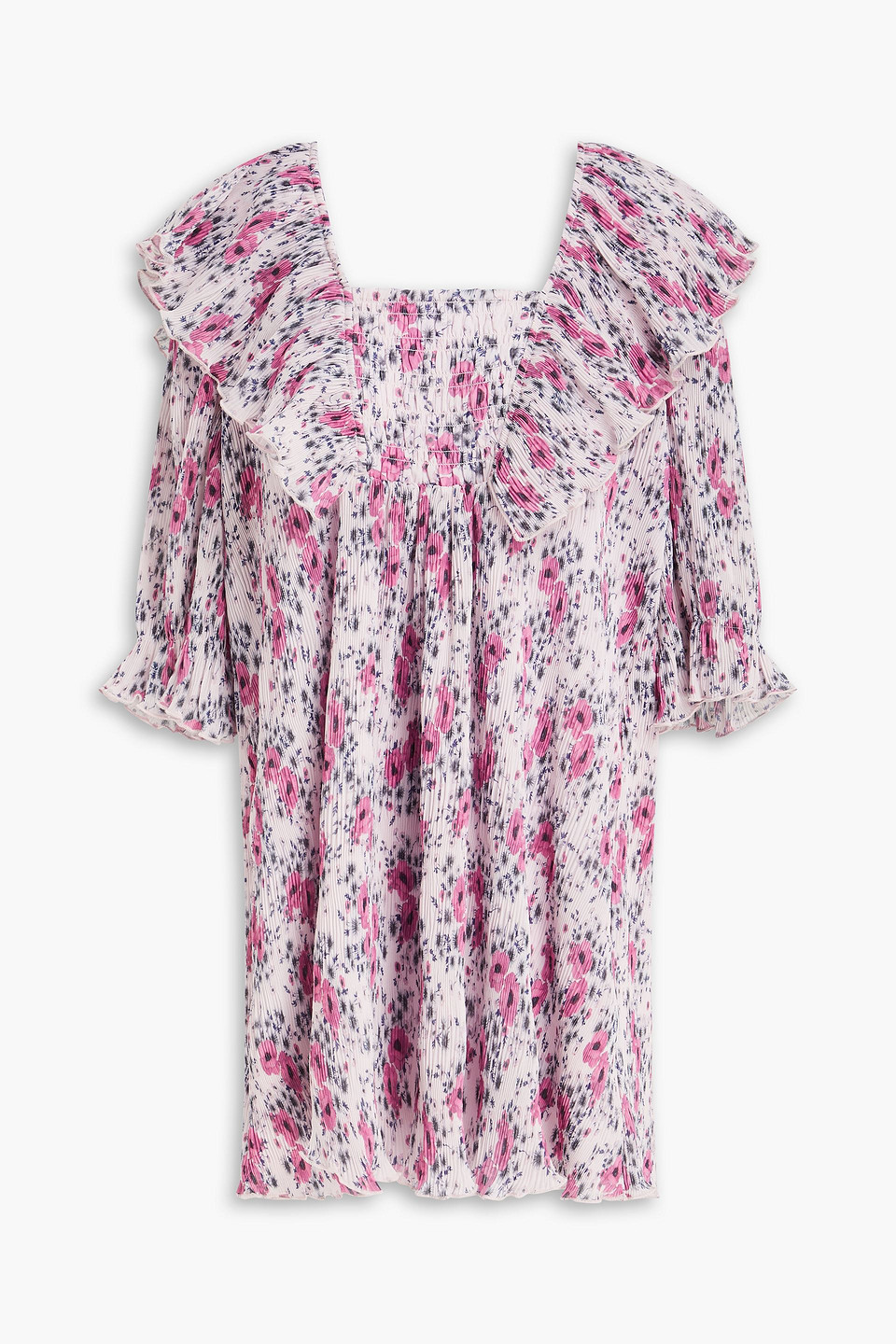 Ganni Shirred Floral-print Crepon Mini Dress In Pastel Pink