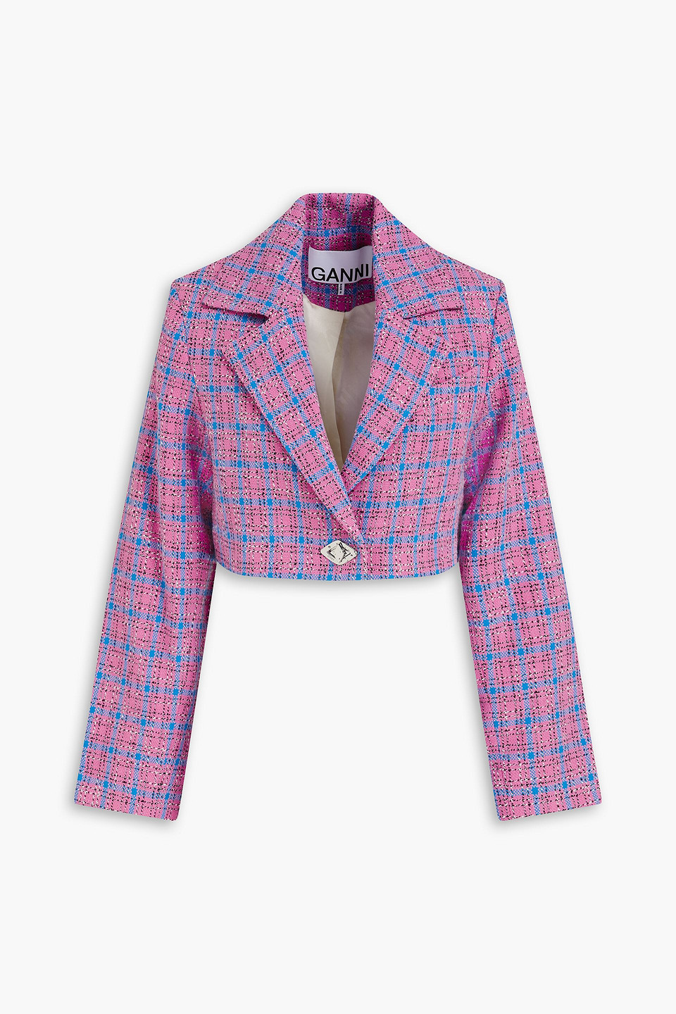 Ganni Cropped Checked Cotton-blend Tweed Blazer In Bubblegum