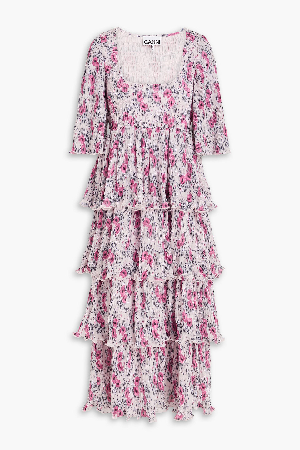 Ganni Tiered Floral-print Crepon Midi Dress In Pastel Pink