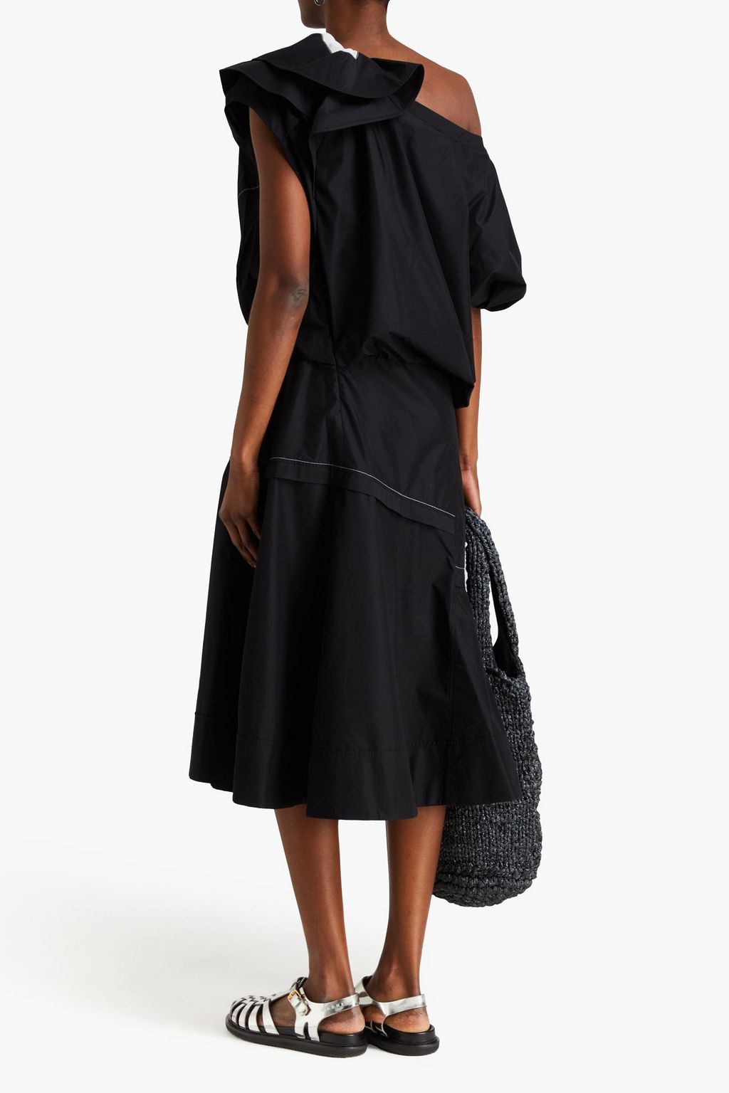 3.1 PHILLIP LIM فستان متوسط الطول من البوبلين المصنوع من مزيج من القطن بتصميم كتف واحد ومزين بكشاكش