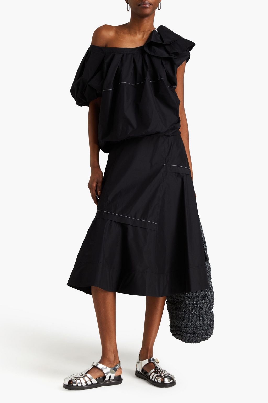 3.1 PHILLIP LIM فستان متوسط الطول من البوبلين المصنوع من مزيج من القطن بتصميم كتف واحد ومزين بكشاكش