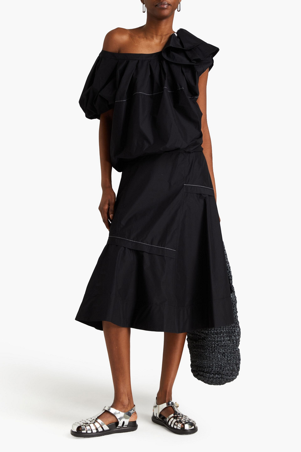 3.1 Phillip Lim One-shoulder Ruffled Cotton-blend Poplin Midi Dress In Black