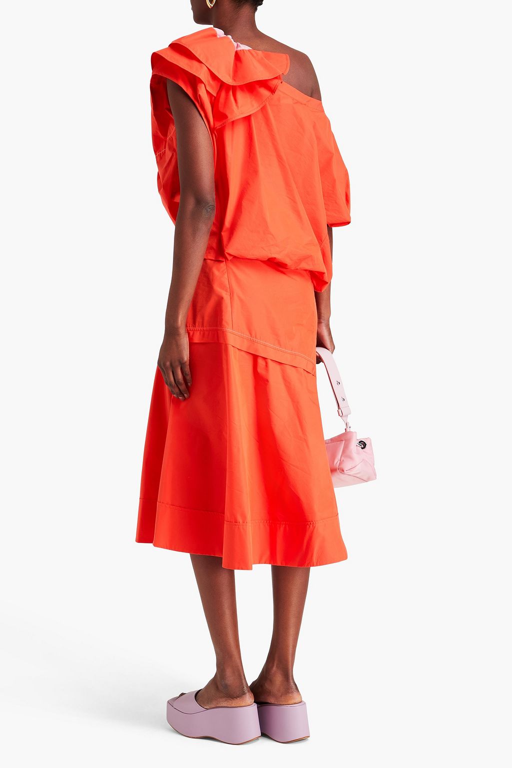 3.1 PHILLIP LIM فستان متوسط الطول من البوبلين المصنوع من مزيج من القطن بتصميم كتف واحد ومزين بكشاكش