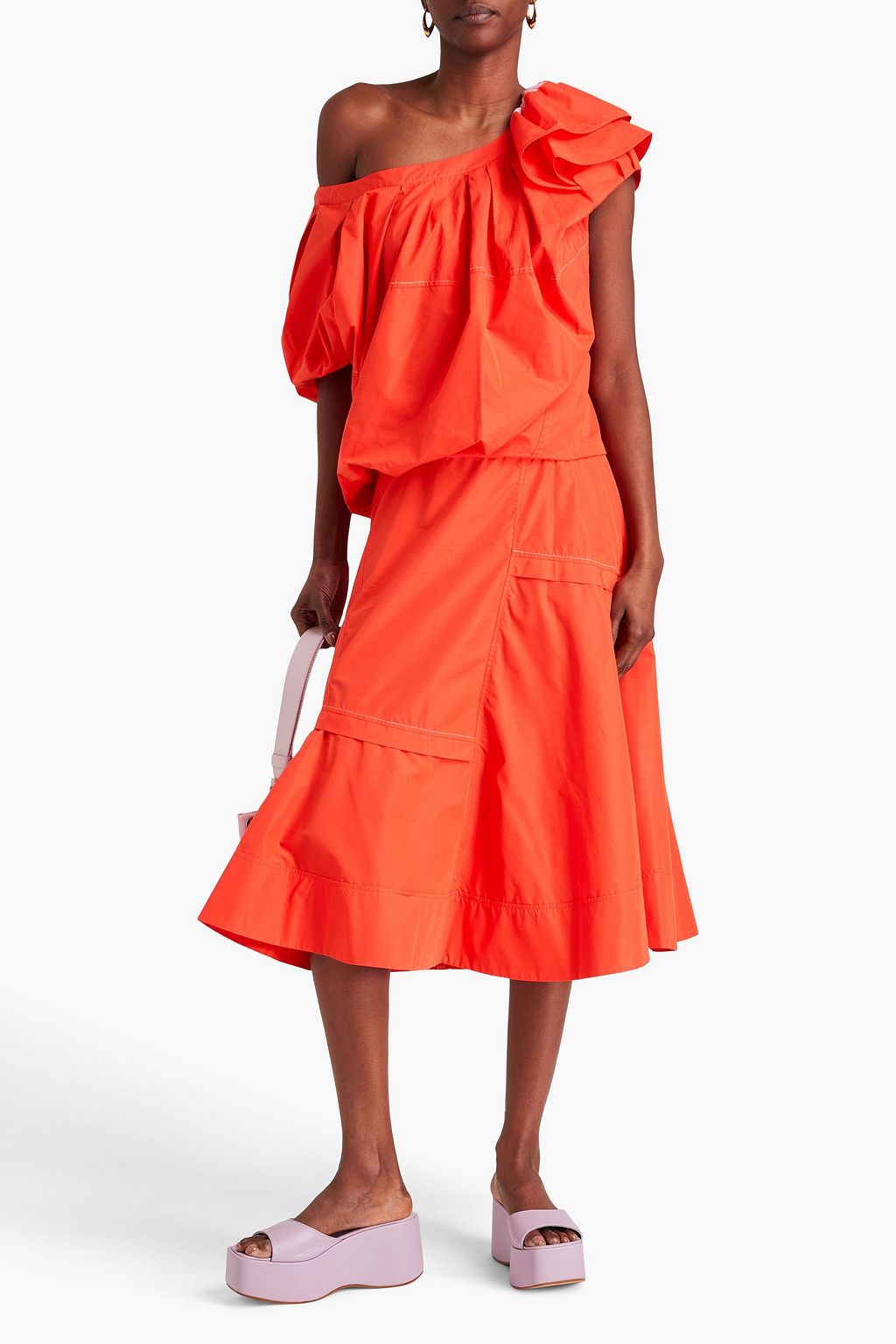 3.1 PHILLIP LIM فستان متوسط الطول من البوبلين المصنوع من مزيج من القطن بتصميم كتف واحد ومزين بكشاكش
