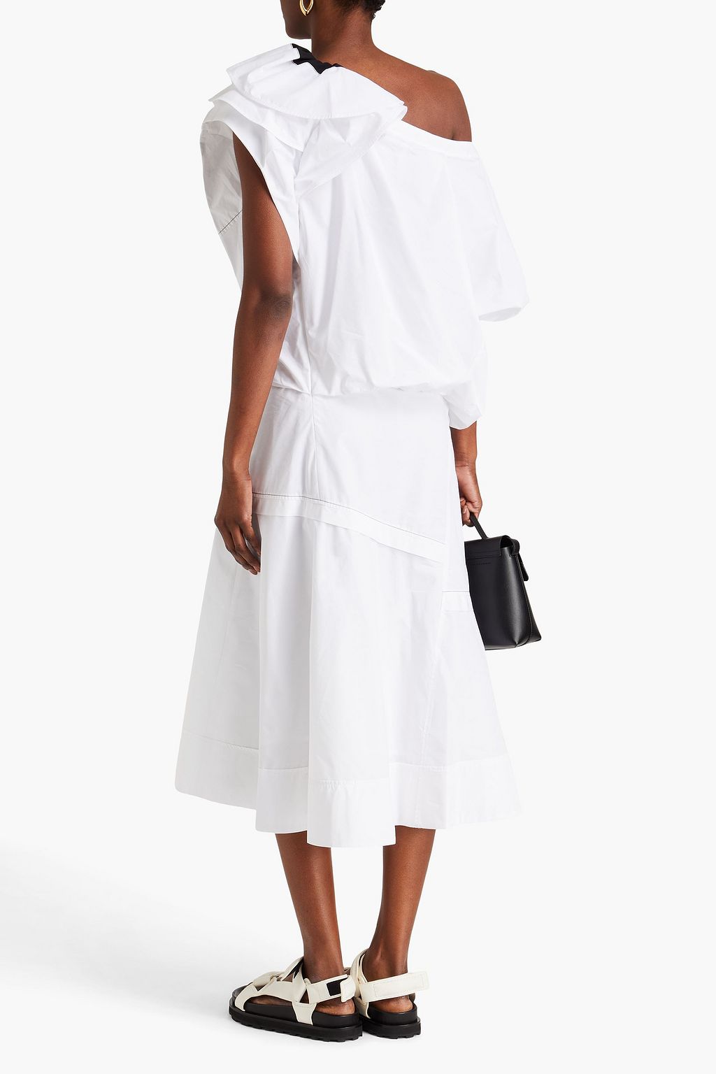 3.1 PHILLIP LIM فستان متوسط الطول من البوبلين المصنوع من مزيج من القطن بتصميم كتف واحد ومزين بكشاكش