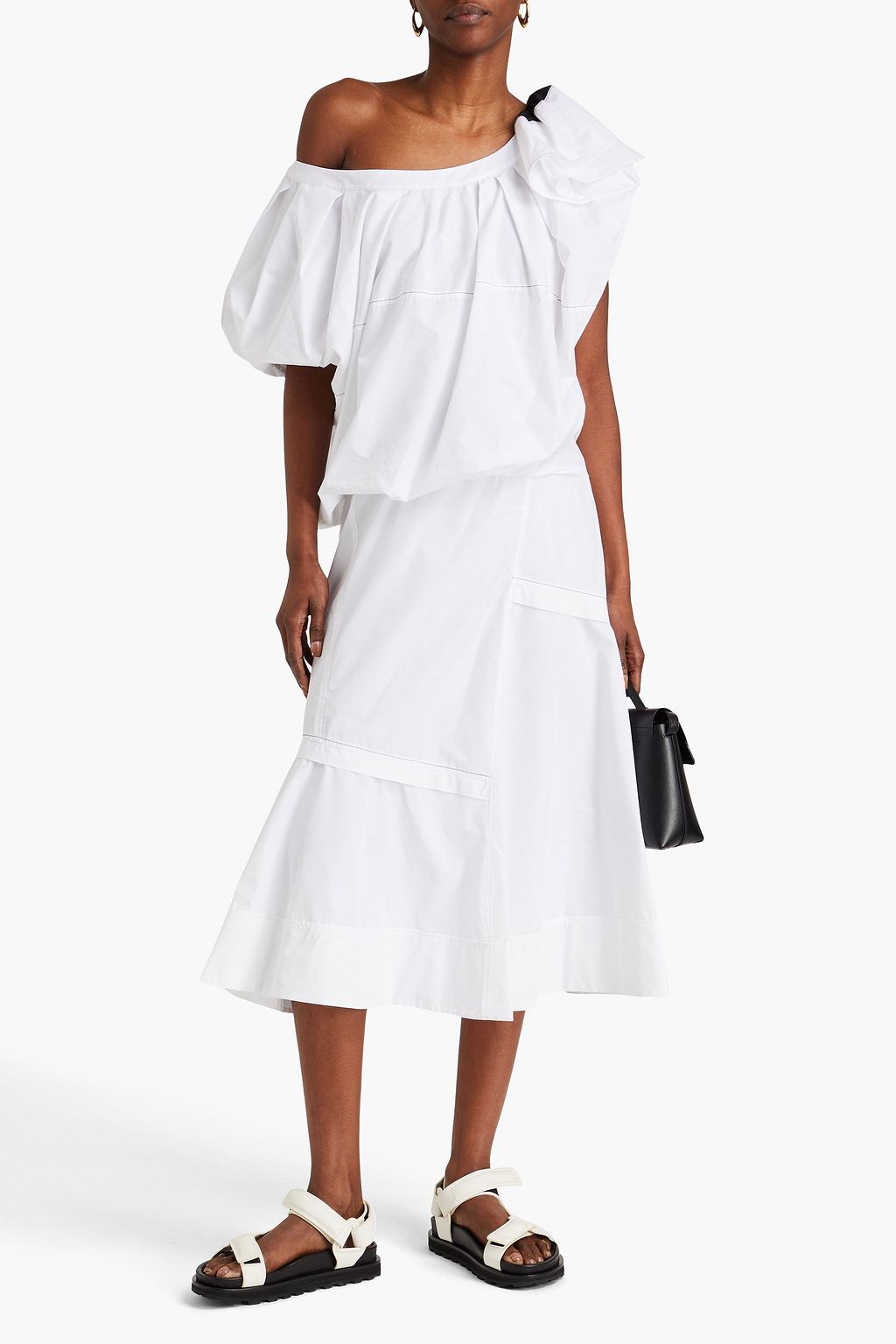 3.1 PHILLIP LIM فستان متوسط الطول من البوبلين المصنوع من مزيج من القطن بتصميم كتف واحد ومزين بكشاكش