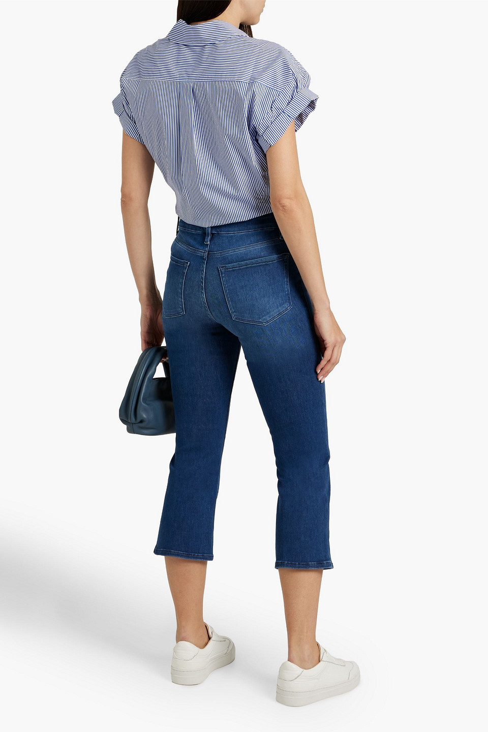 Shop Frame Le Pixie Crop Mini Boot Cropped High-rise Bootcut Jeans In Mid Denim