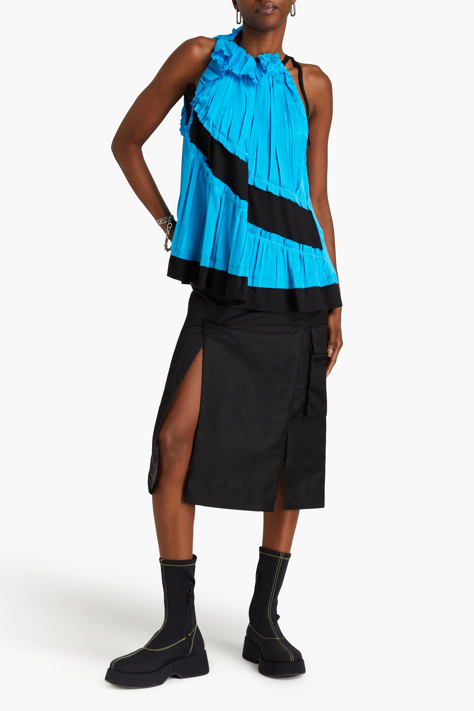 3.1 Phillip Lim Crepe-trimmed Pleated Satin Top In Turquoise