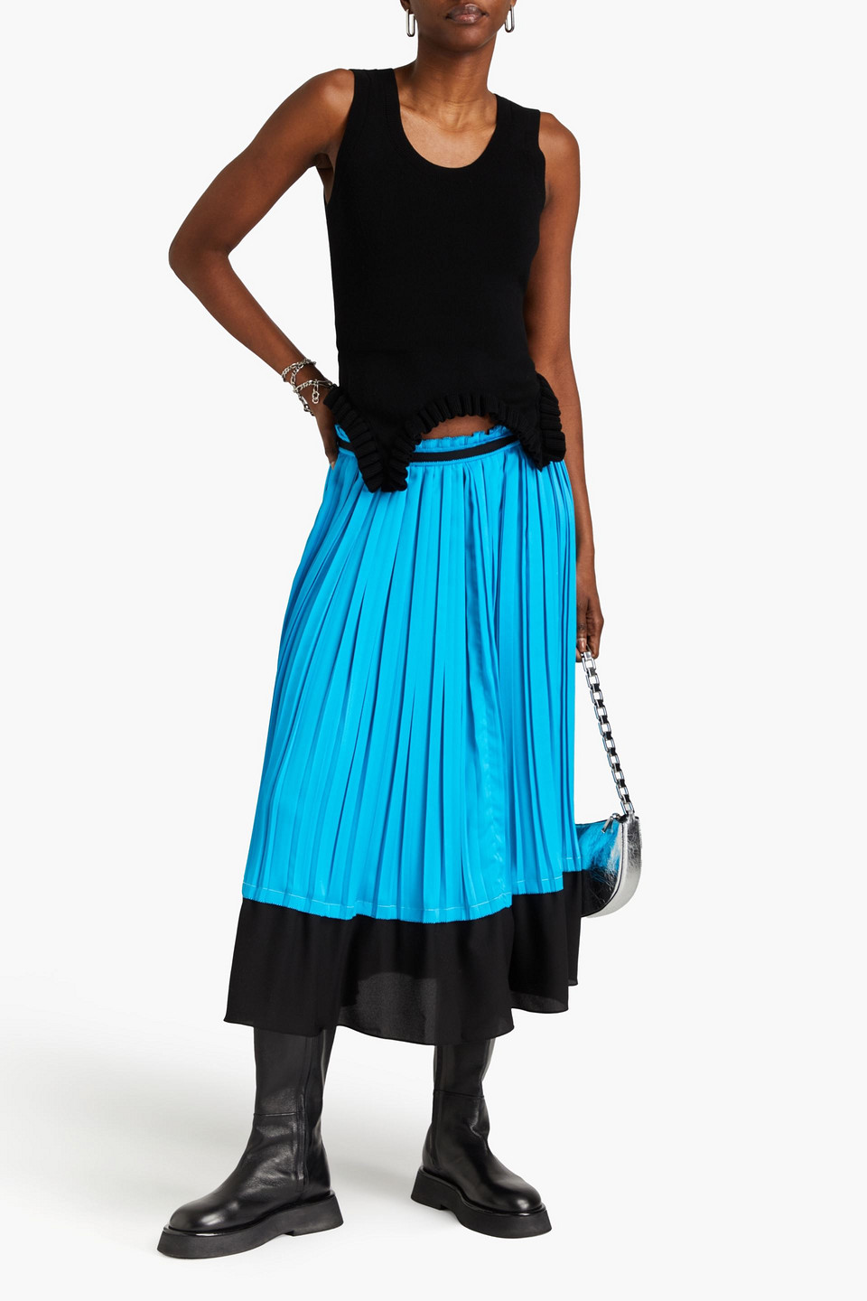 Shop 3.1 Phillip Lim / フィリップ リム Crepe-paneled Pleated Satin Midi Skirt In Turquoise