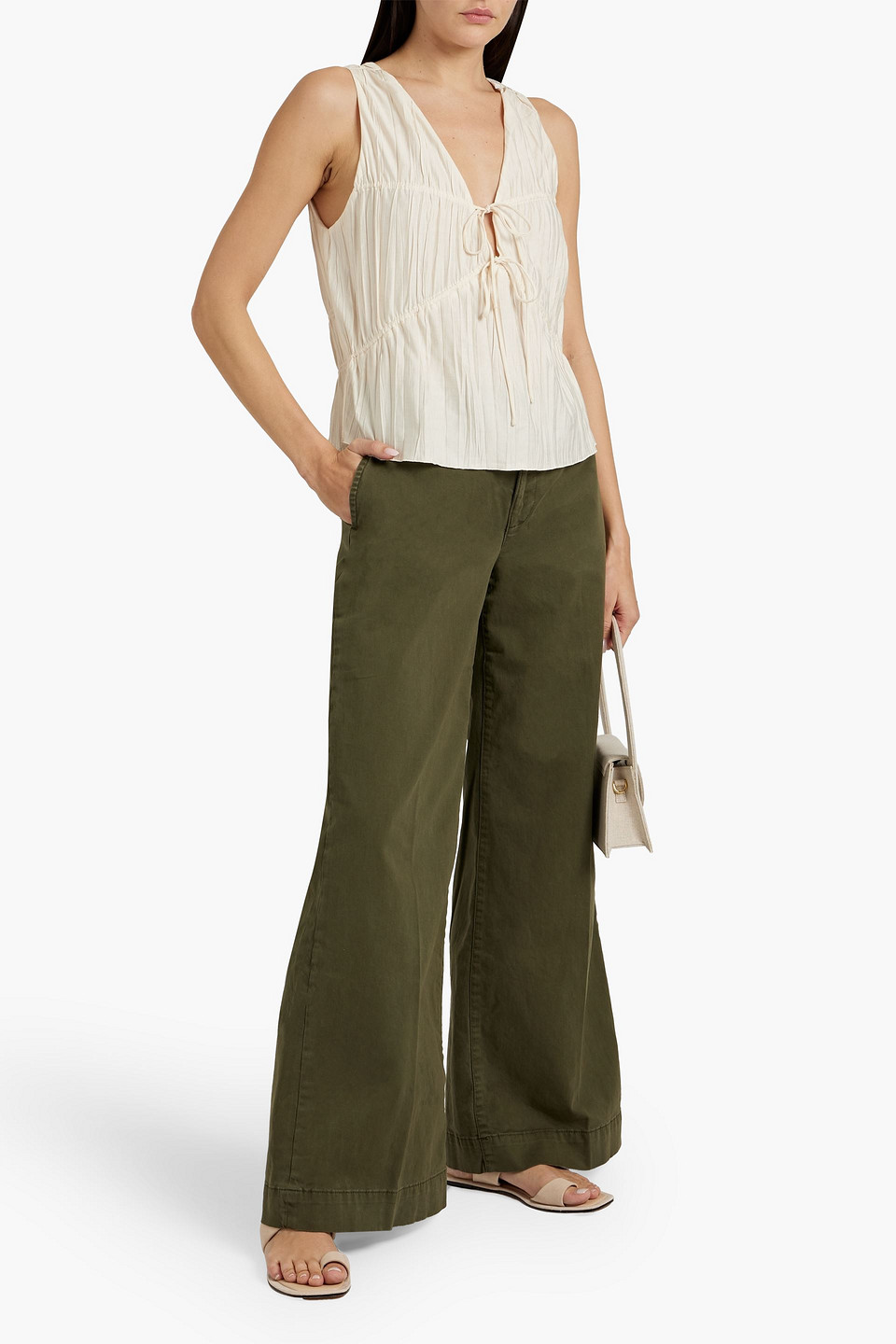 Shop Frame Cotton-blend Twill Wide-leg Pants In Army Green