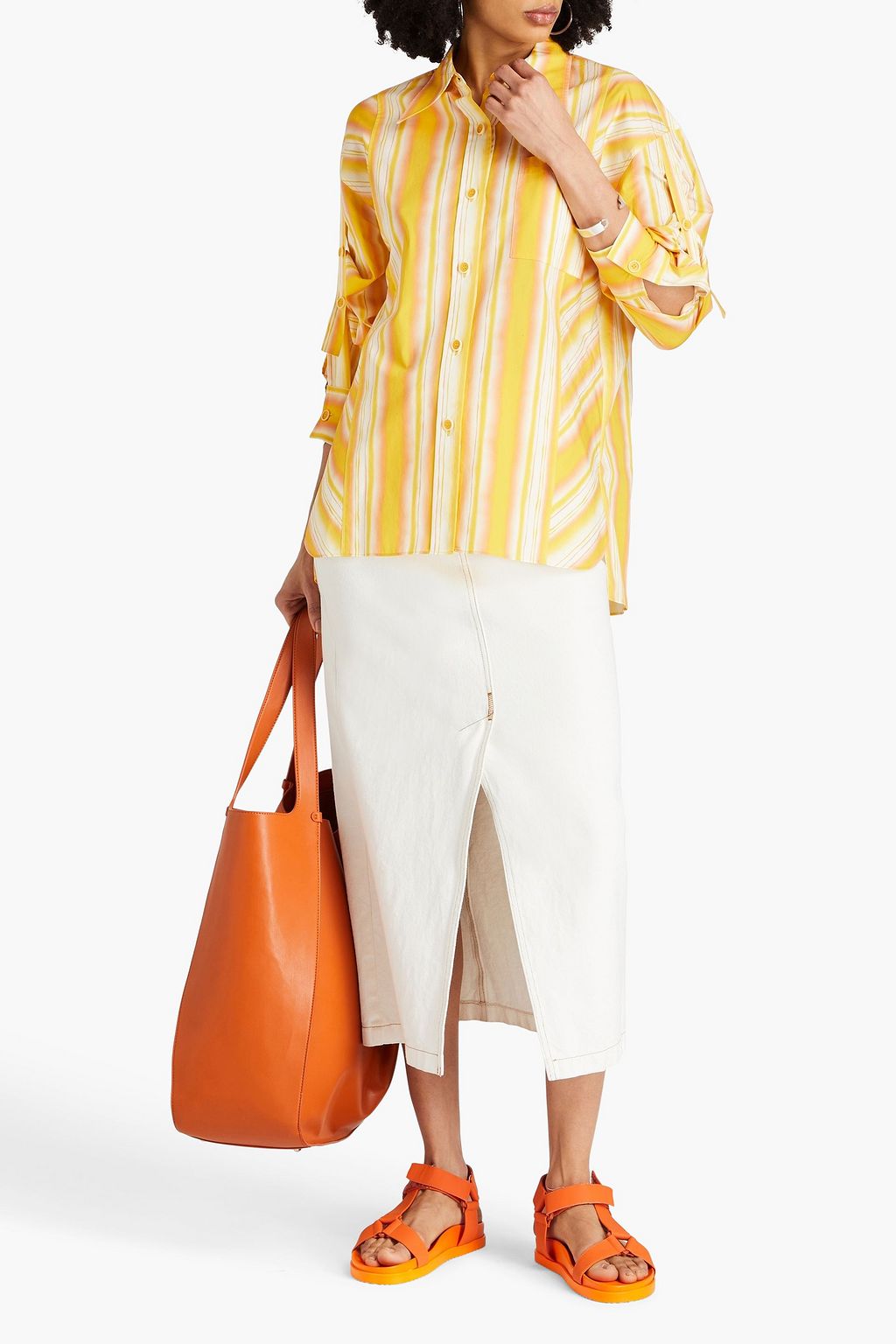 3.1 PHILLIP LIM قميص مصنوع من قطن بوبلين بتصميم مخطط وبتأثير مزموم