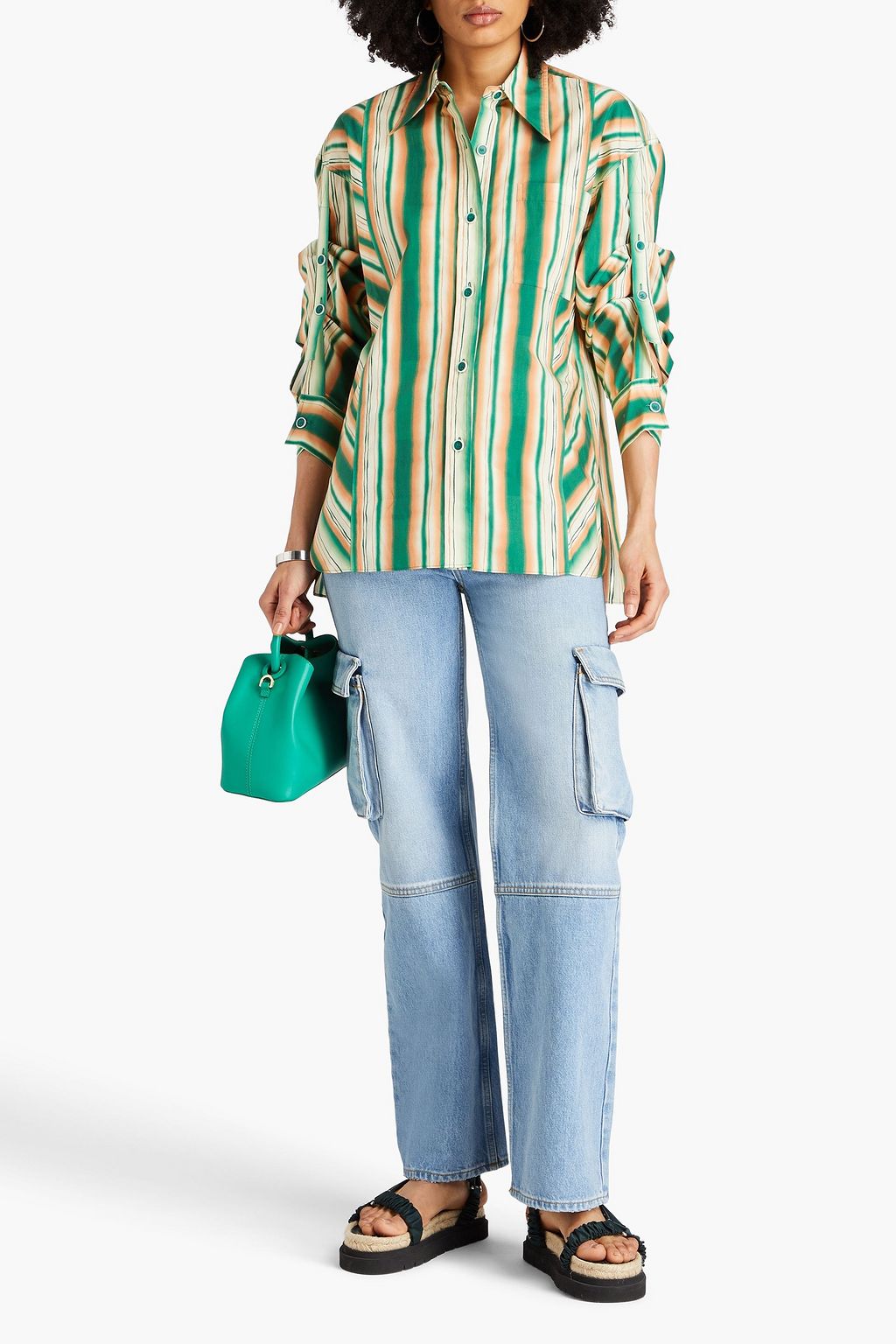3.1 PHILLIP LIM قميص مصنوع من قطن بوبلين بتصميم مخطط وبتأثير مزموم