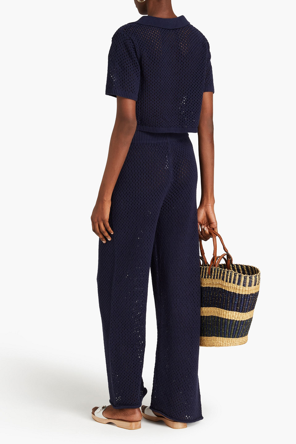 Shop Onia Crochet-knit Cotton-blend Wide-leg Pants In Midnight Blue